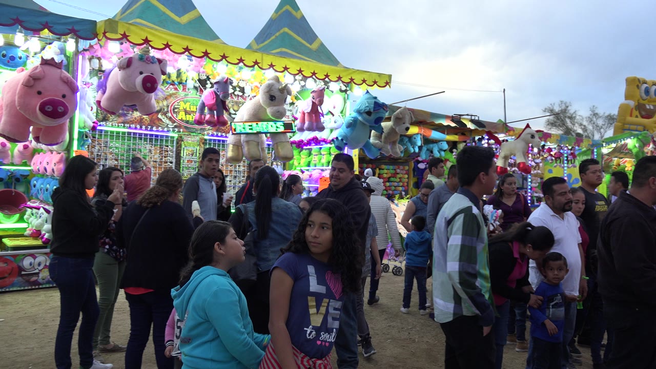 Crowd in front of a carnival prize booth with plush toys