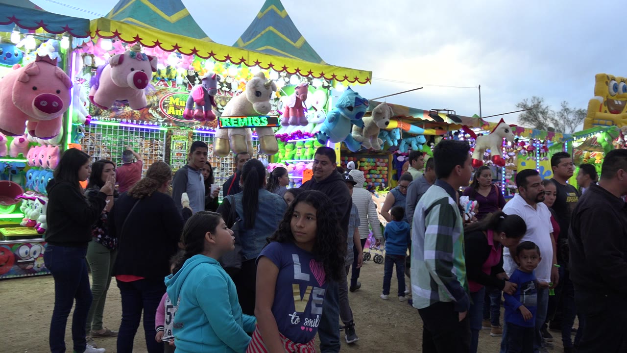 Families and children gather in San Jose del Cabo beside illuminated carnival games, with stuffed animals, colored lights, and a crowded walkway visible behind them.