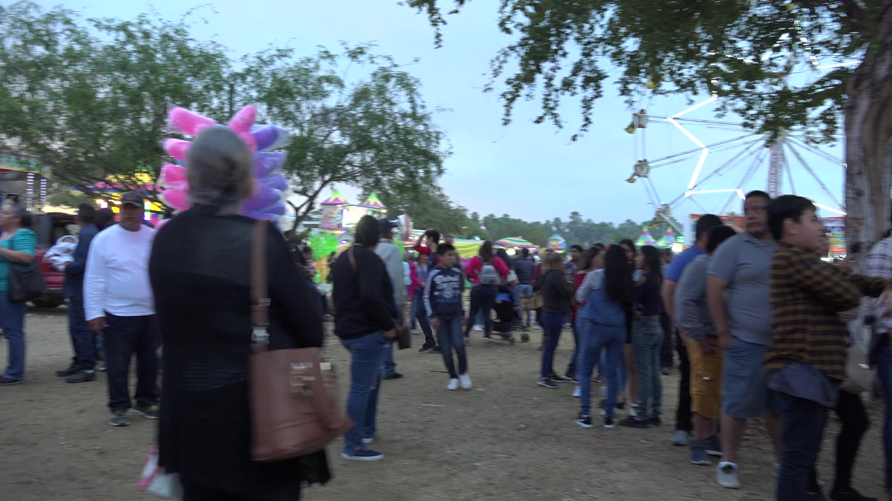 Visitors stand and walk through the San Jose del Cabo fairground as a cluster of bright cotton candy and distant amusement rides fill the background.