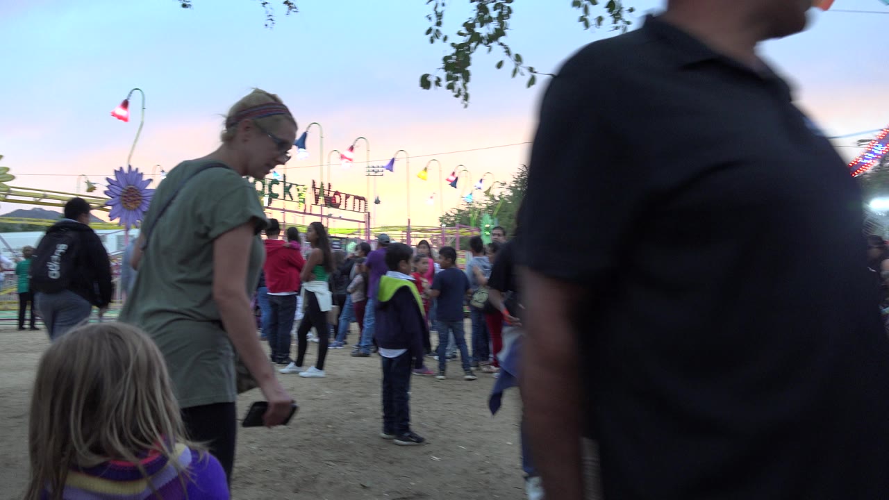 Crowd at a fairground near a Wacky Worm ride at dusk.