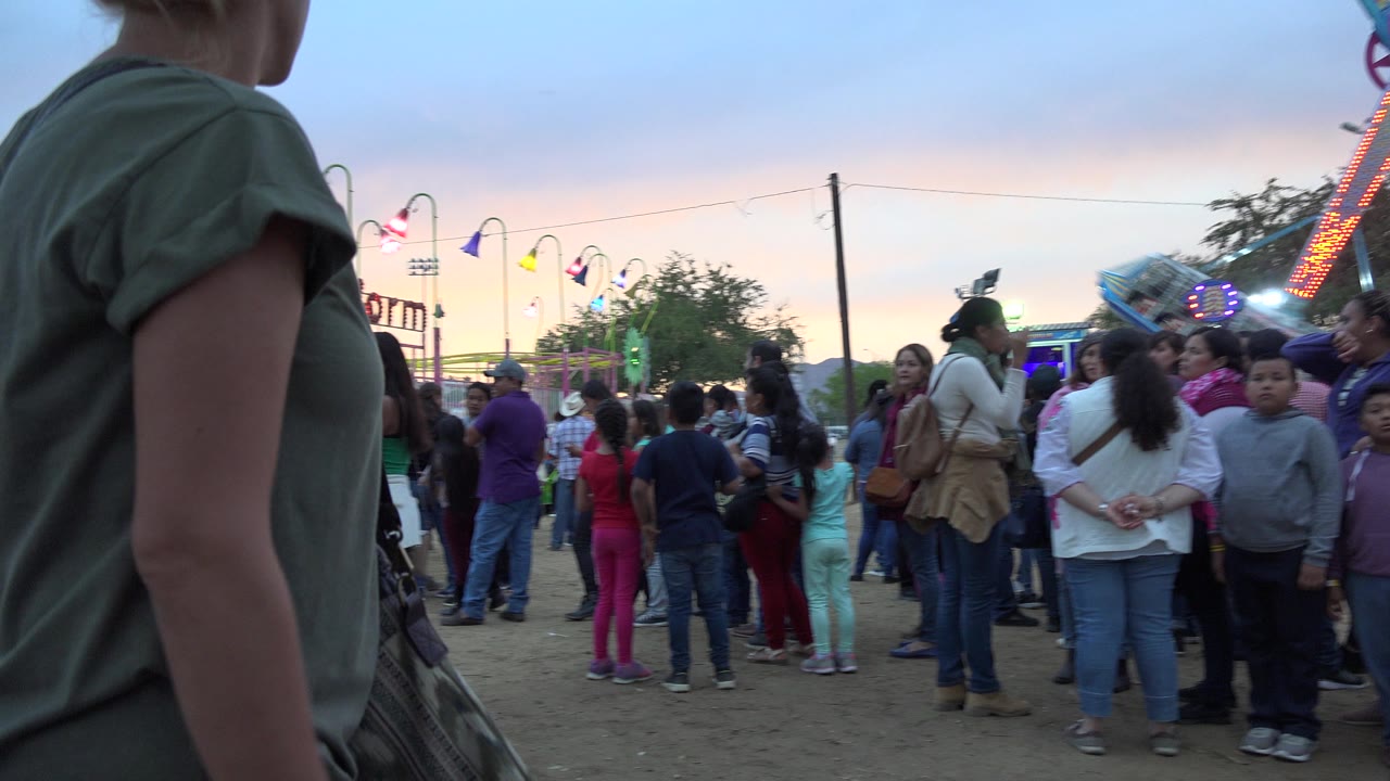The San Jose del Cabo fair crowd fills the frame as the foreground woman continues past, with children and adults facing different directions under colored ride lights.