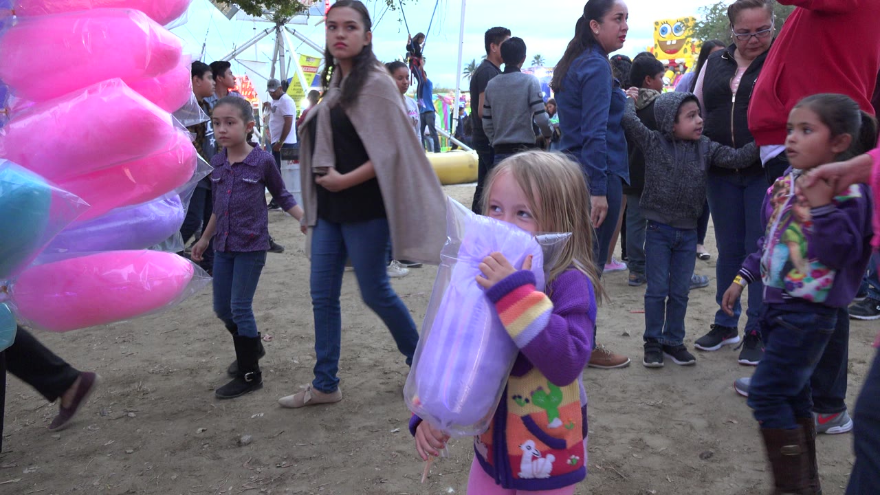 A young blond girl in San Jose Del Cabo, Mexico holds pale purple cotton candy while pink bagged cotton candy fills the left foreground and families pass behind her.