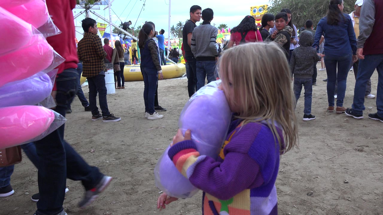 Child holding purple cotton candy near a crowded fair walkway.