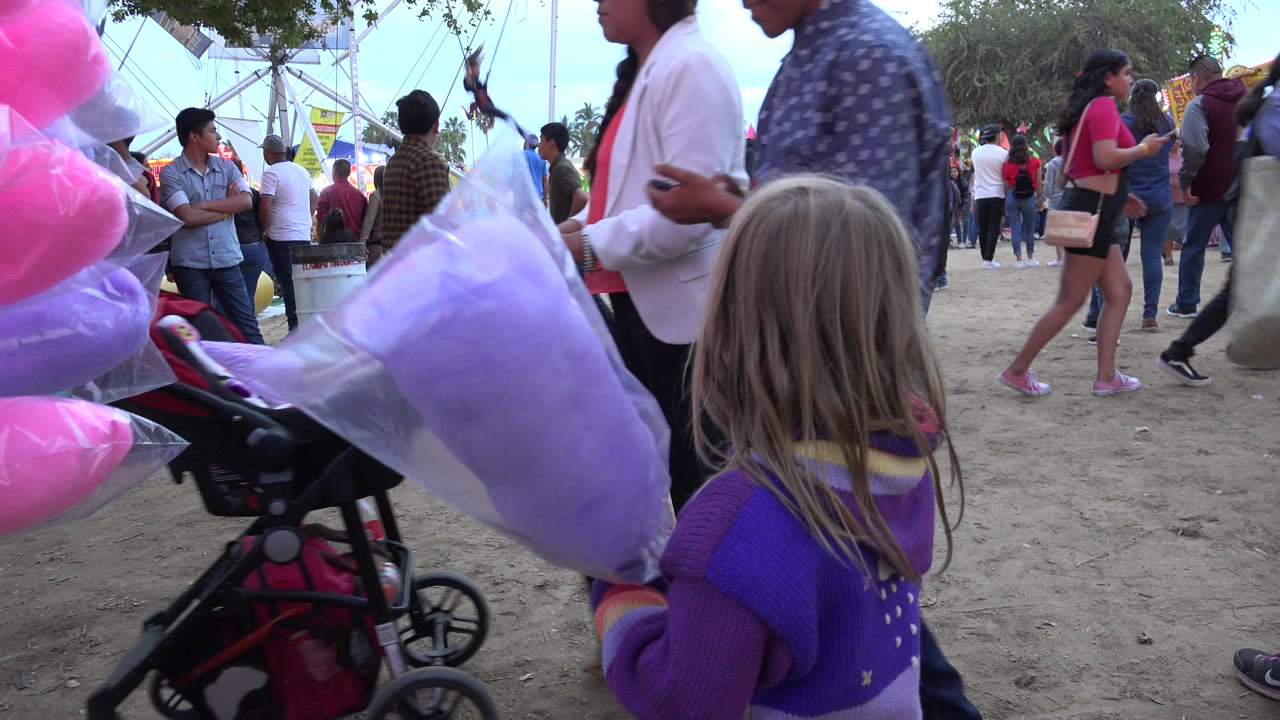 Young girl holding purple cotton candy near a busy carnival walkway.