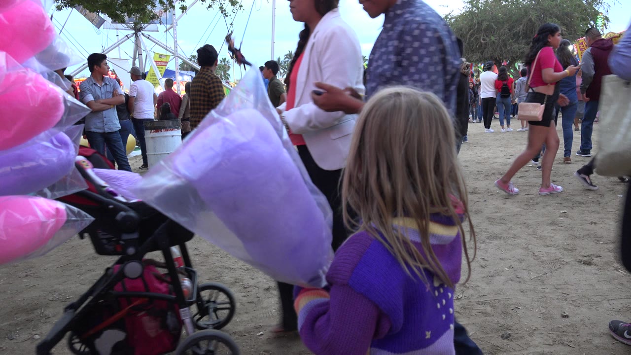 The girl faces away from camera with the purple cotton candy bag at her side as adults and children pass through the San Jose del Cabo carnival scene.