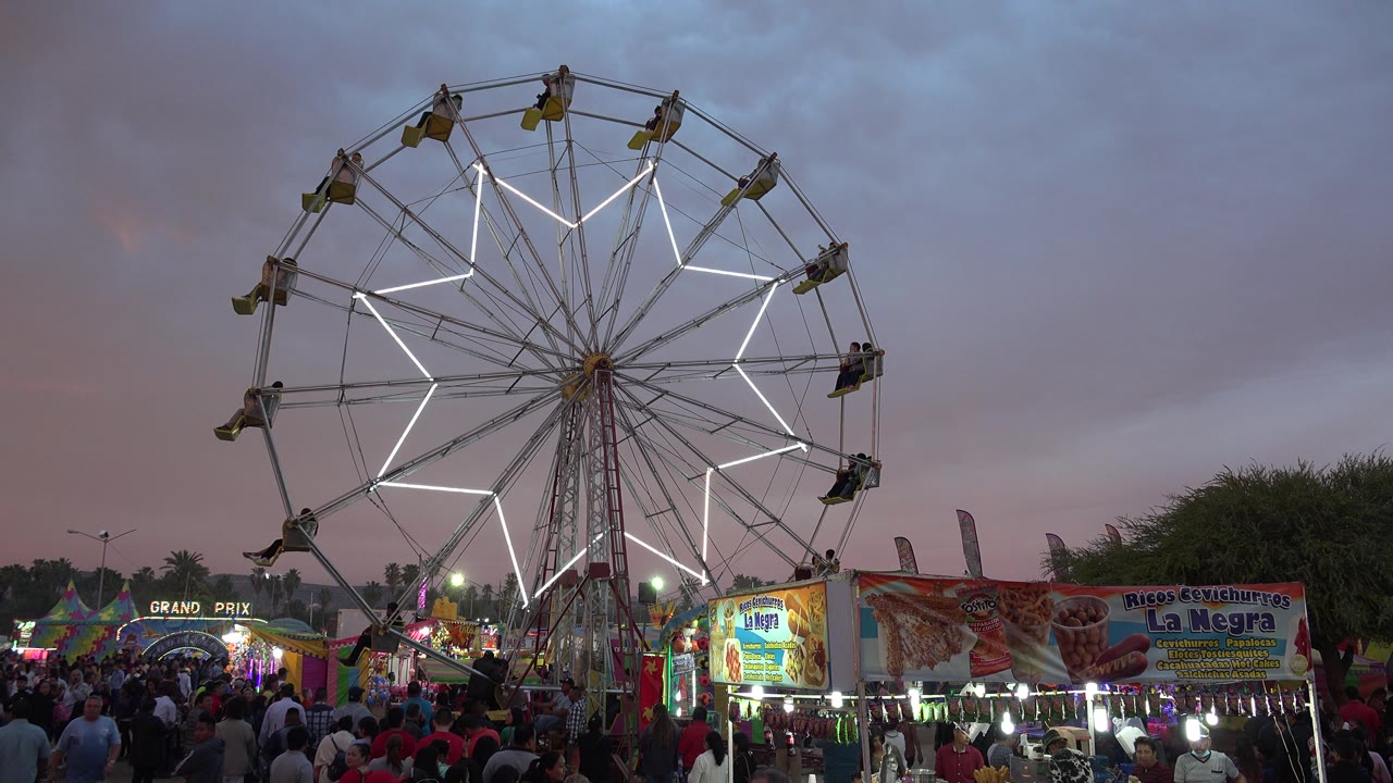 Crowded carnival walkway below a lit Ferris wheel.