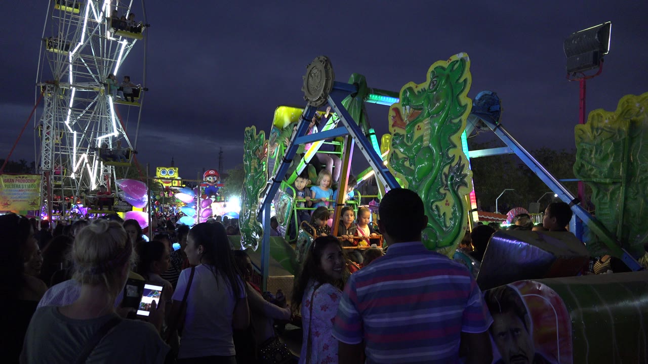 Crowd waiting beside a carnival ride with a Ferris wheel lit in the background.