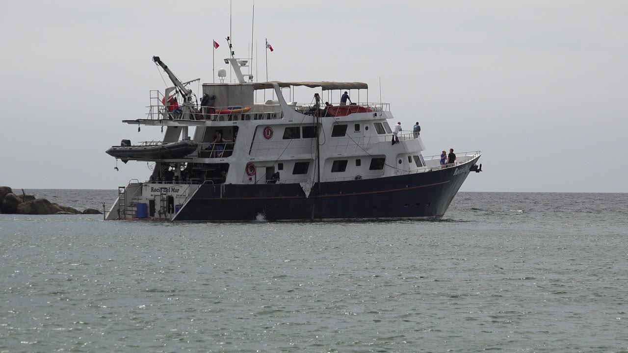 Passenger boat on gray-green water near low shoreline rocks in San Jose Del Cabo, Mexico, with distant people visible on deck and an overcast horizon behind it.