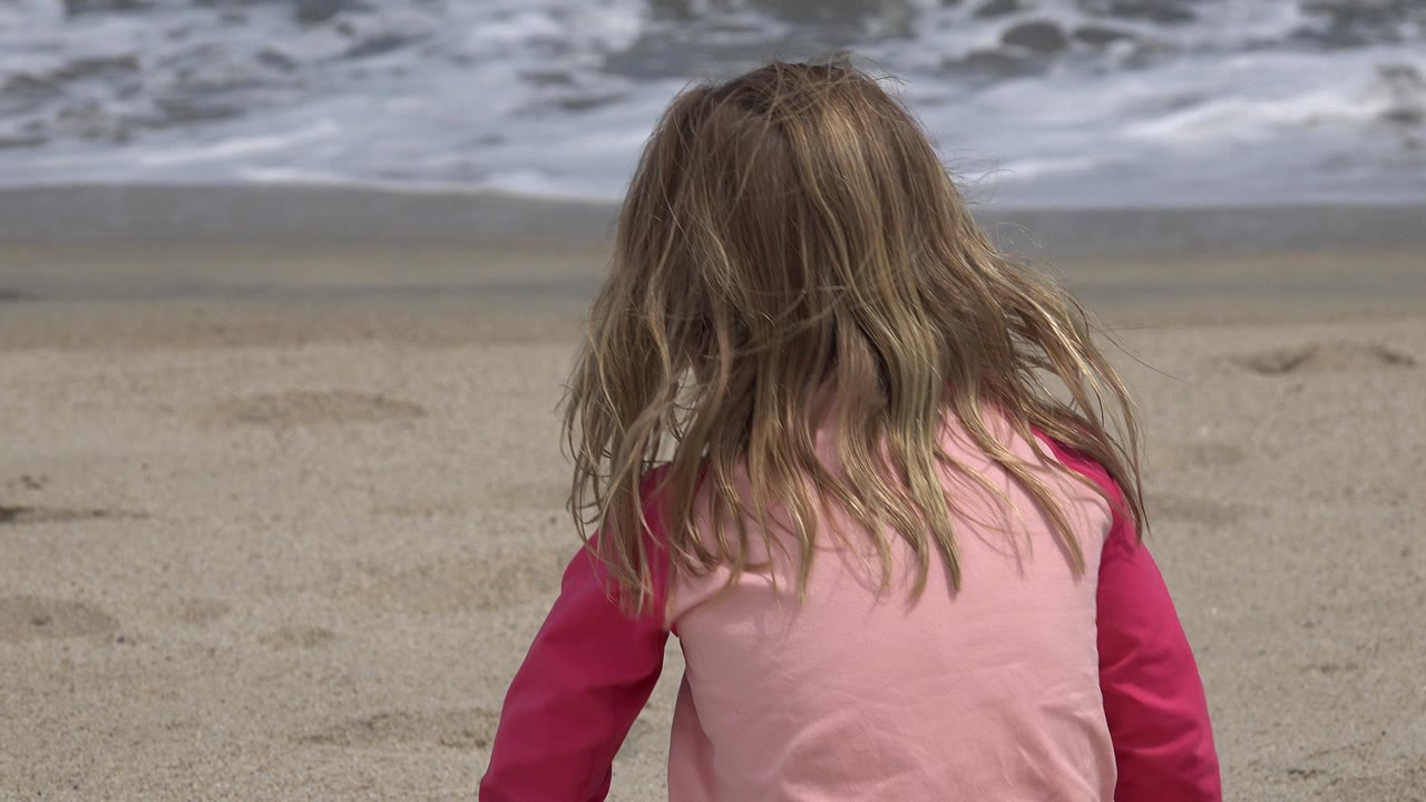 The child remains centered from the back on the San Jose del Cabo shoreline, with wind-tossed hair, tan sand, and foamy water in the background.
