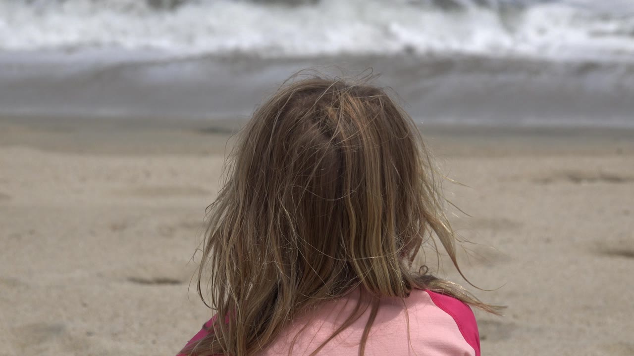 Young girl seen from behind sitting on sand near ocean waves.