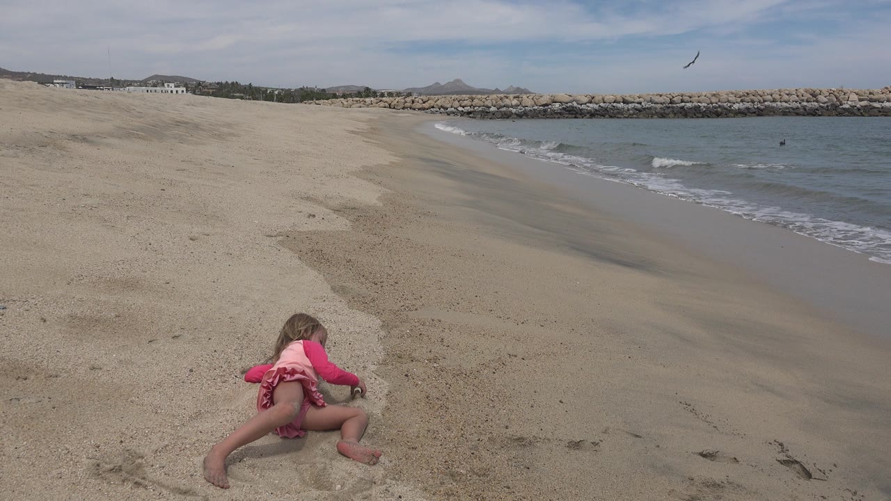 The child remains close to the sand in the lower frame while the San Jose del Cabo shoreline curves behind her and a small bird appears high in the sky.