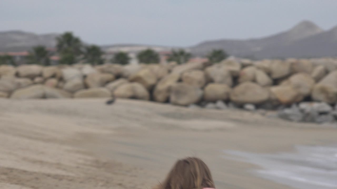 At the start of the San Jose del Cabo clip, only the top of a child's head appears at the lower edge beneath a blurred stretch of sand, rounded rocks, sparse trees, and distant hills.