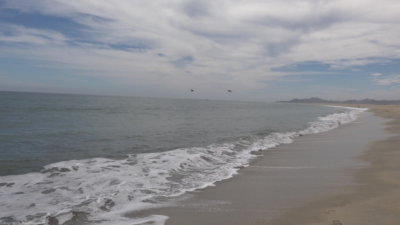 Waves spread across wet sand beside an empty coastline.