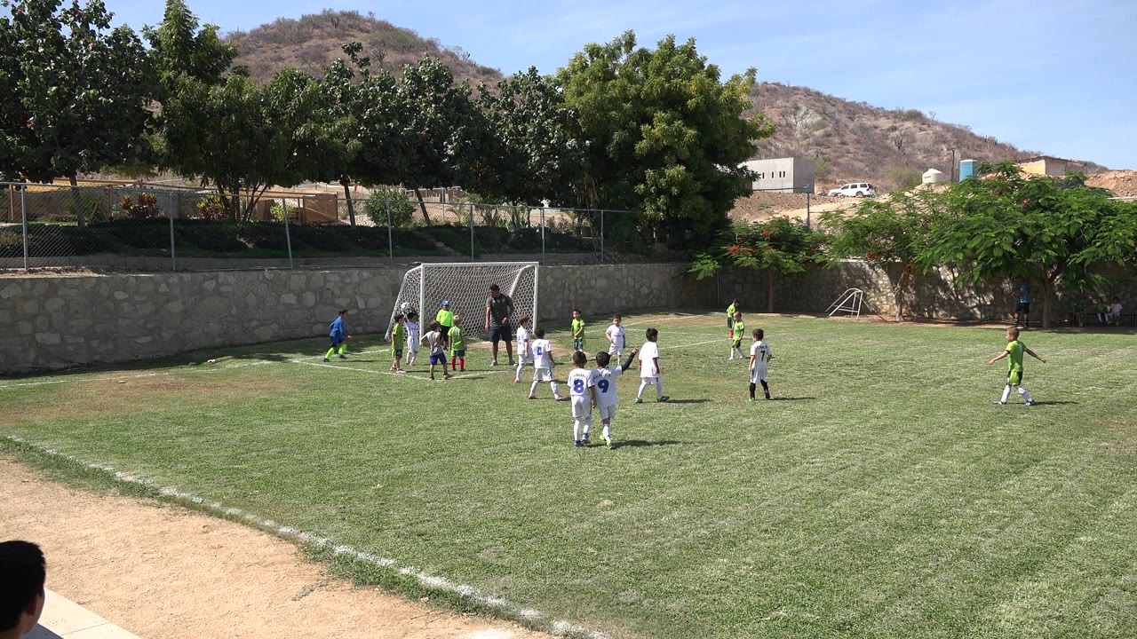Children stand and move near the goal during outdoor soccer play.