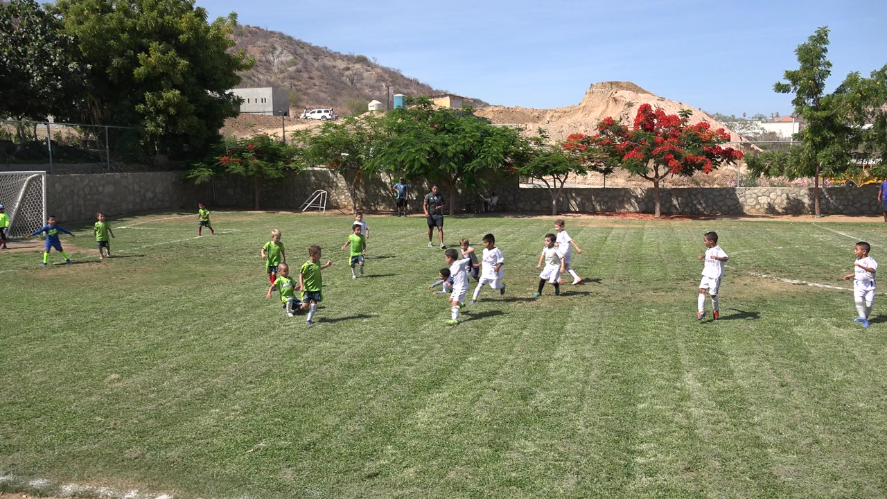 Children in green and white soccer uniforms run on a grass field.