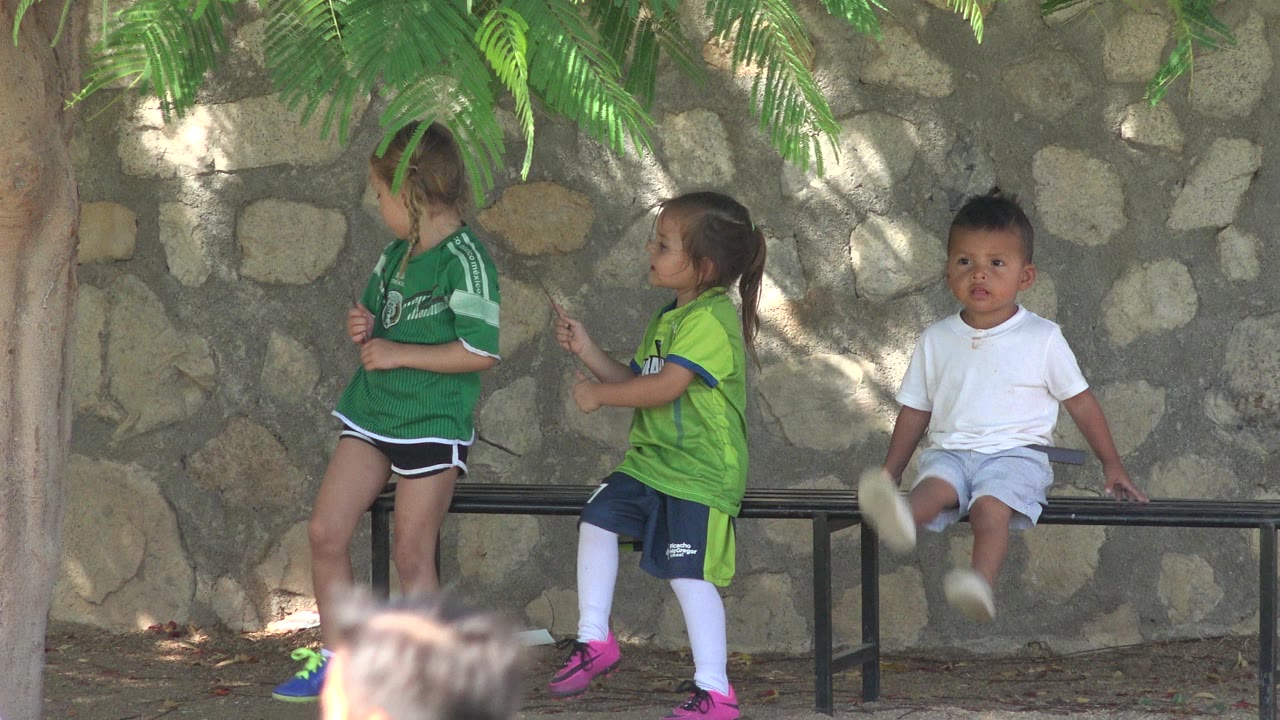 Three young children around a bench beside a stone wall.