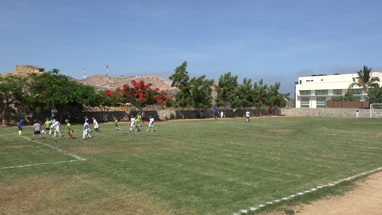 Wide soccer field with players near the left side of the pitch.