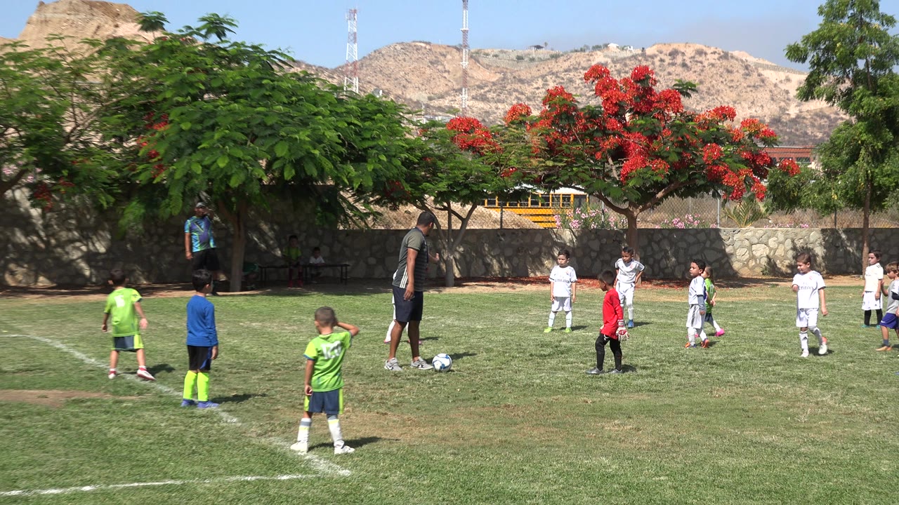 Children and a coach on a grass soccer field.