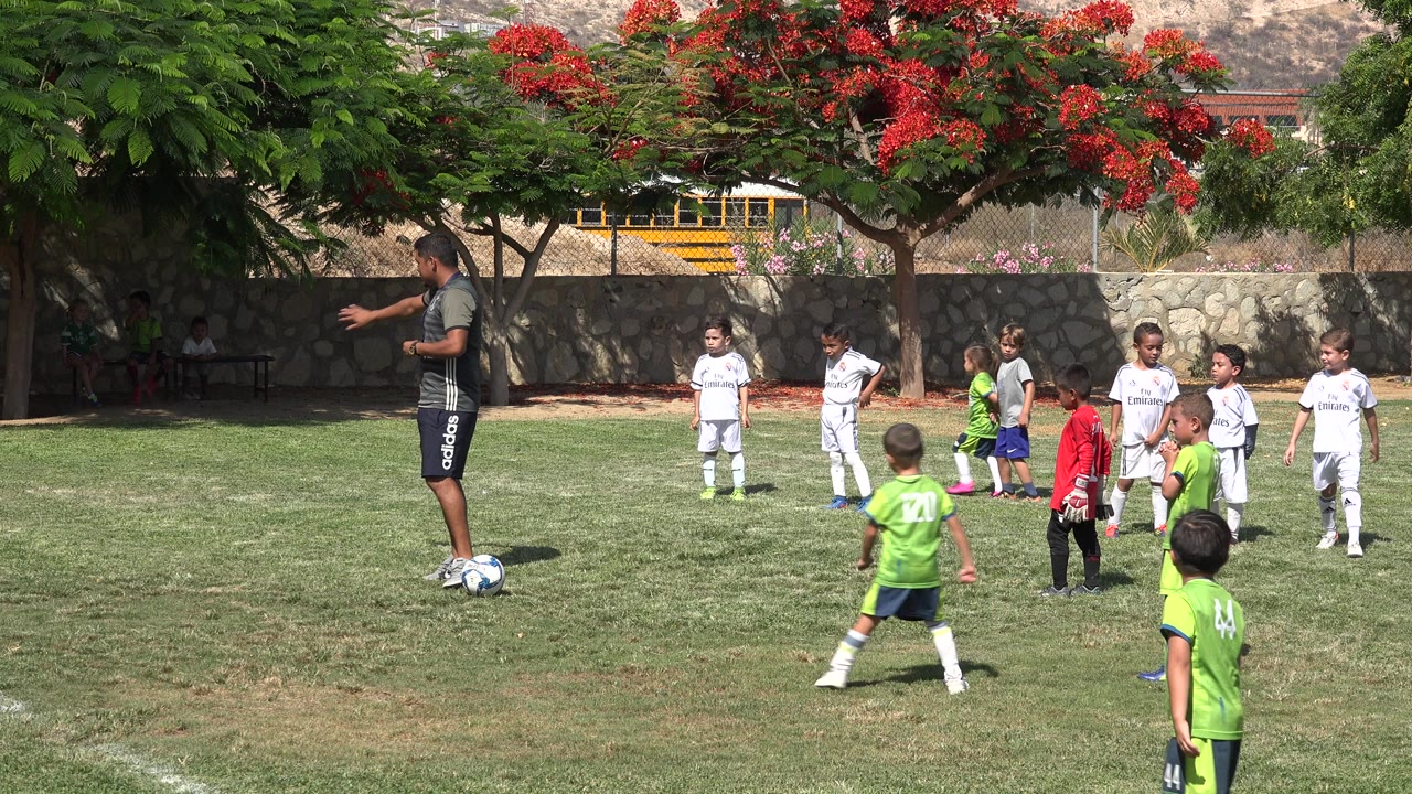 Instructor gestures during children’s soccer practice.