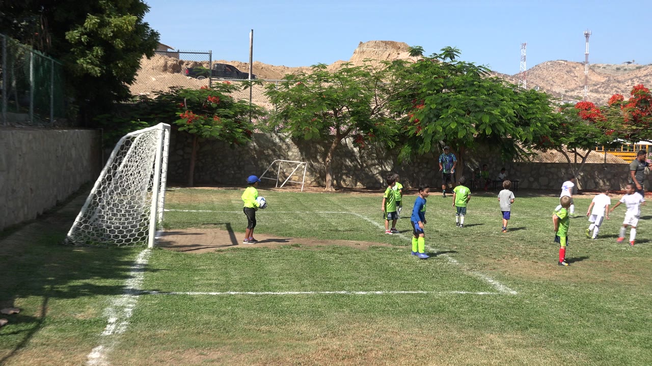 A young goalkeeper in a bright green shirt holds the ball near the white goal while other children wait across the grass field in San Jose Del Cabo, Mexico.