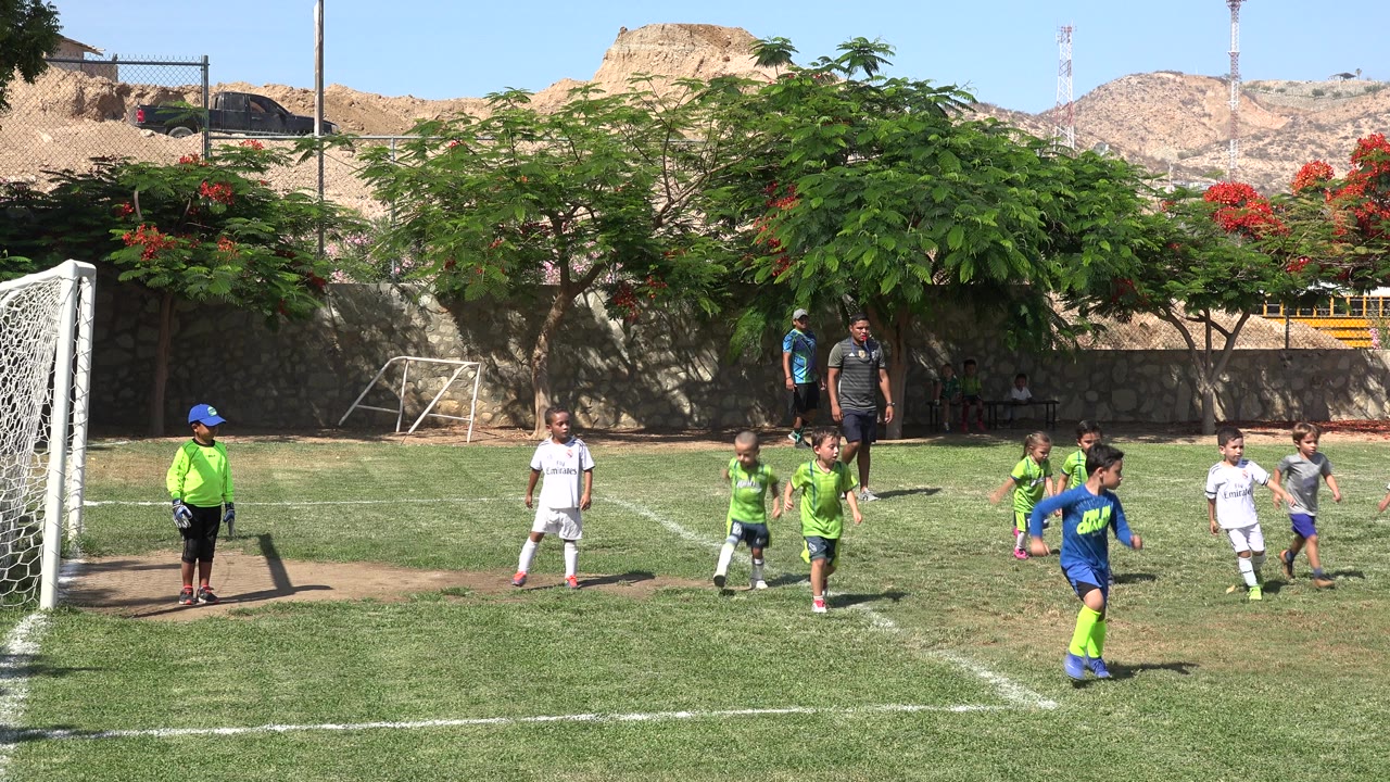 Young soccer players in green and white kits move across the field in San Jose del Cabo, Mexico, while two adults watch from the shaded background.