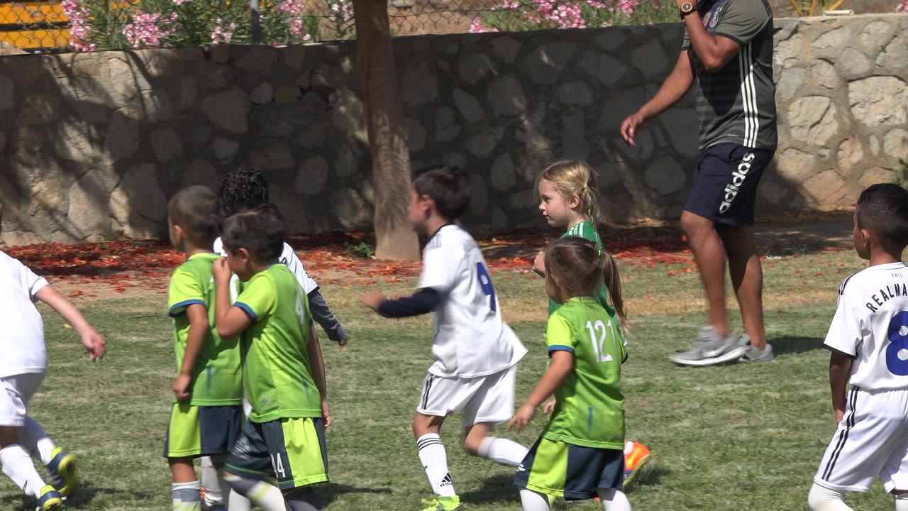 Children in green and white soccer uniforms move across a grass field in San Jose del Cabo, Mexico, with a stone wall and shaded trees behind them.