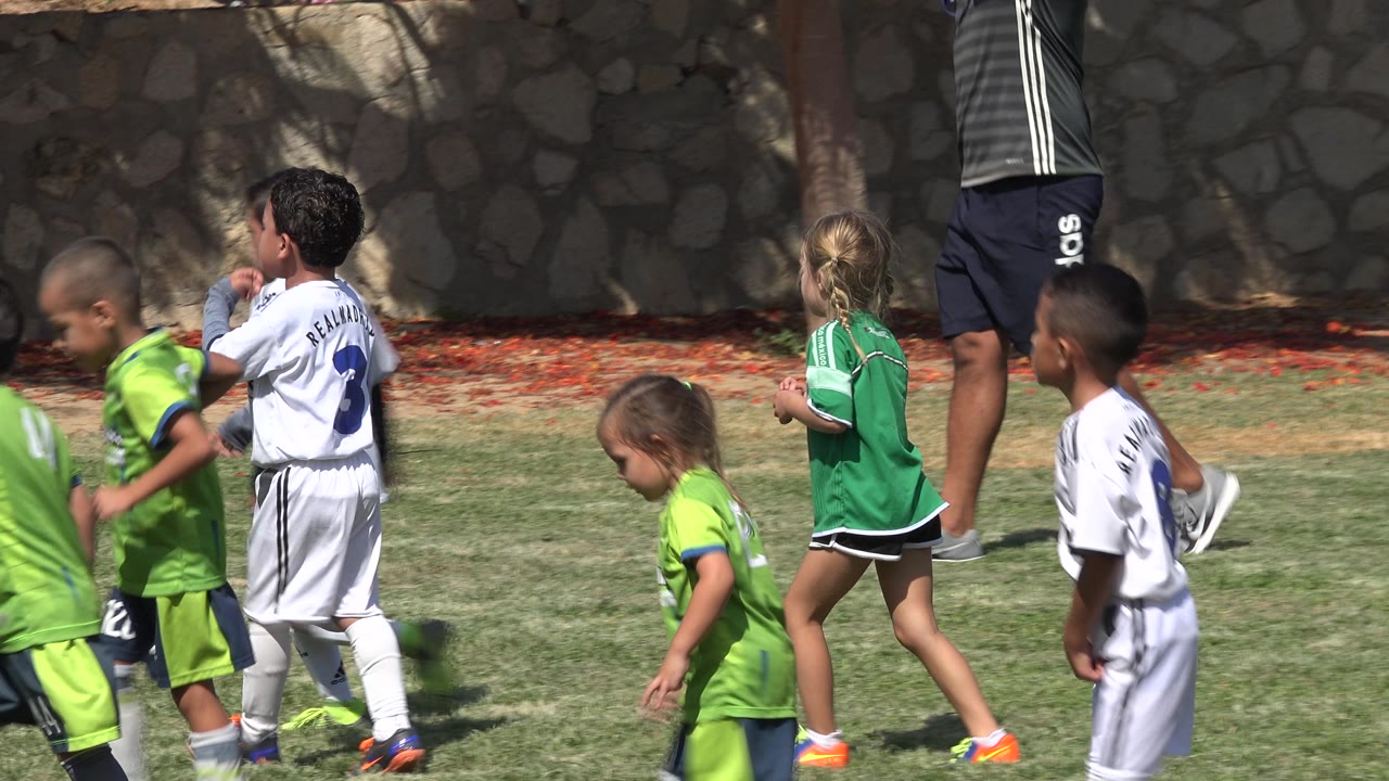 Young soccer players in green and white uniforms moving near a stone wall.