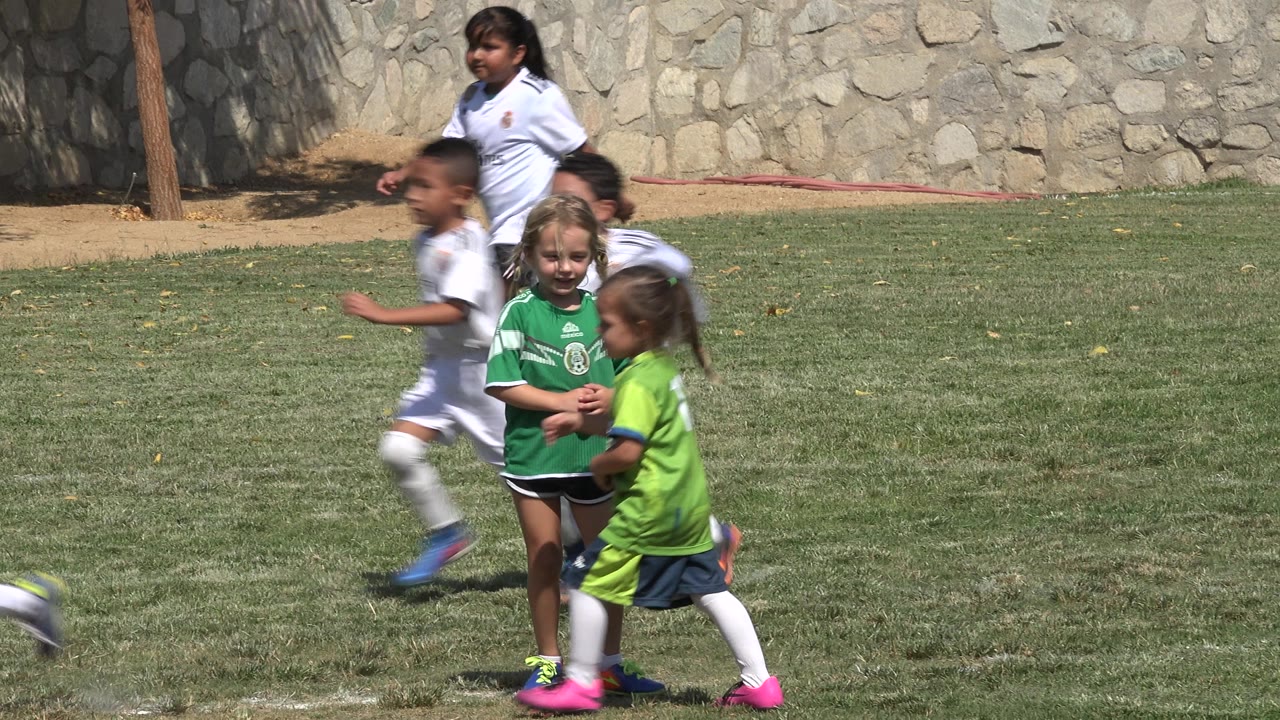 Children in green and white soccer uniforms running on a grass field.
