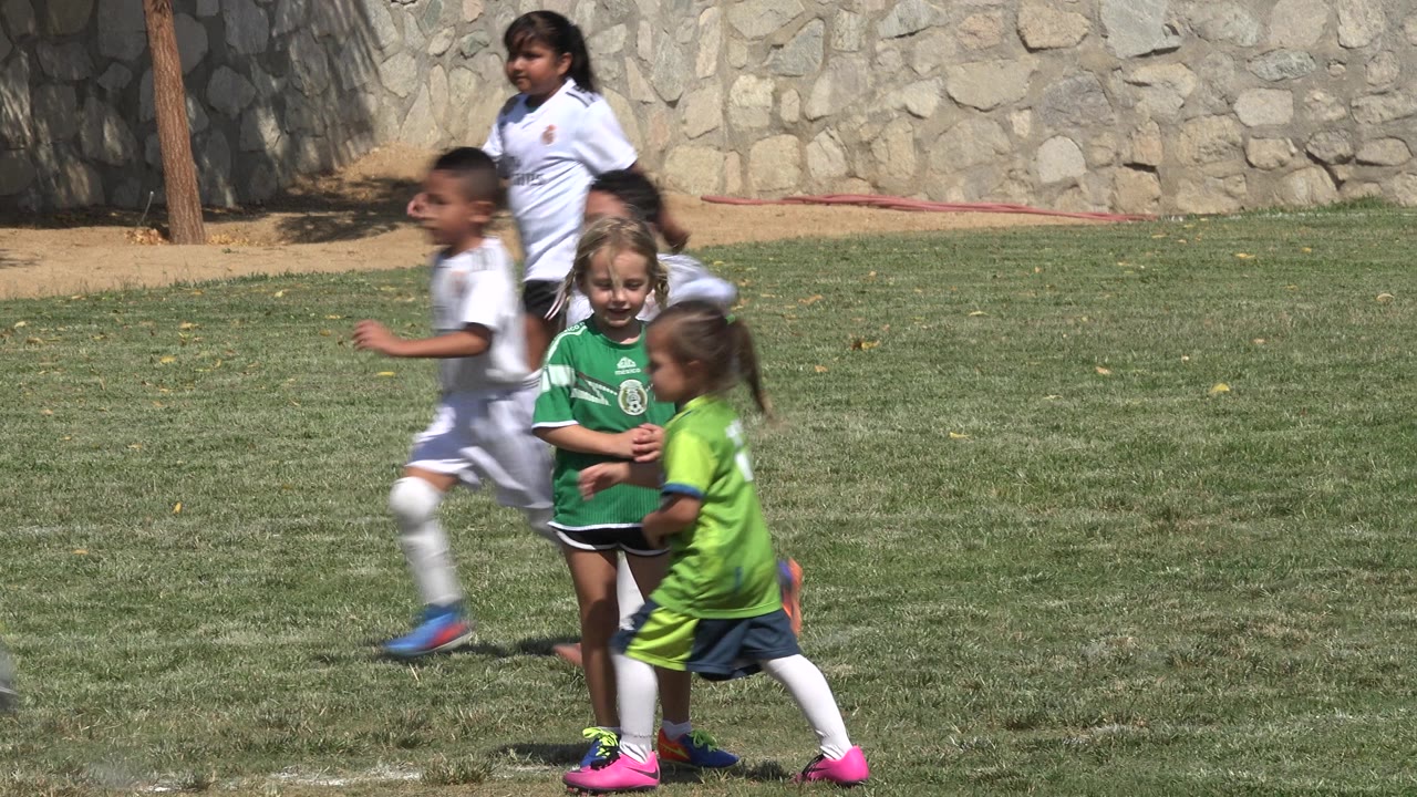 Two children in green soccer shirts move near children in white uniforms on a sunlit field in San Jose del Cabo, Mexico.