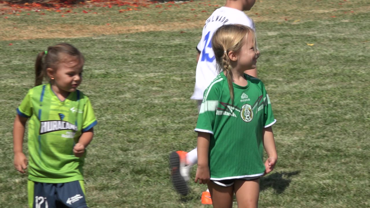 Two young girls in green soccer jerseys stand on a sunny grass field.