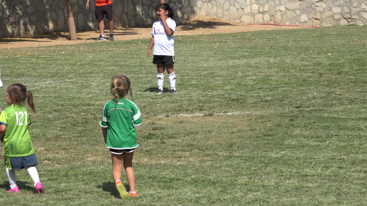 Two children in green jerseys are seen from behind while a child in a white uniform stands farther upfield in bright sun.