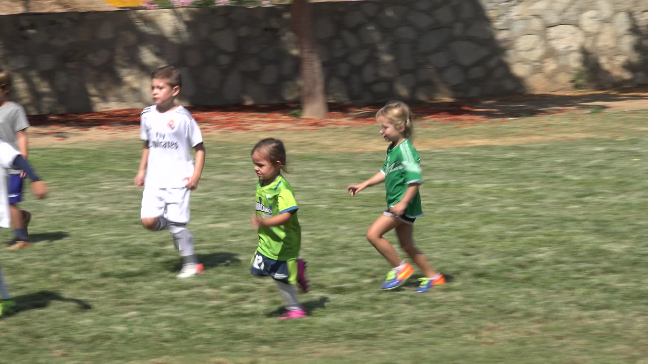 Children in soccer uniforms running across a grassy field.