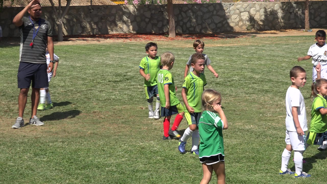 Children and a coach on a sunny grass soccer field.