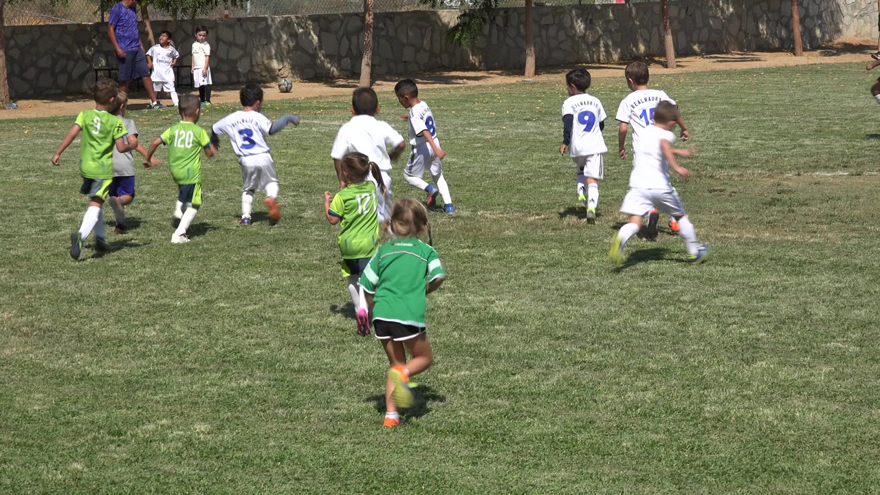 Several children in green and white uniforms chase the soccer ball in San Jose del Cabo, Mexico, while an adult in purple watches from near the stone wall.