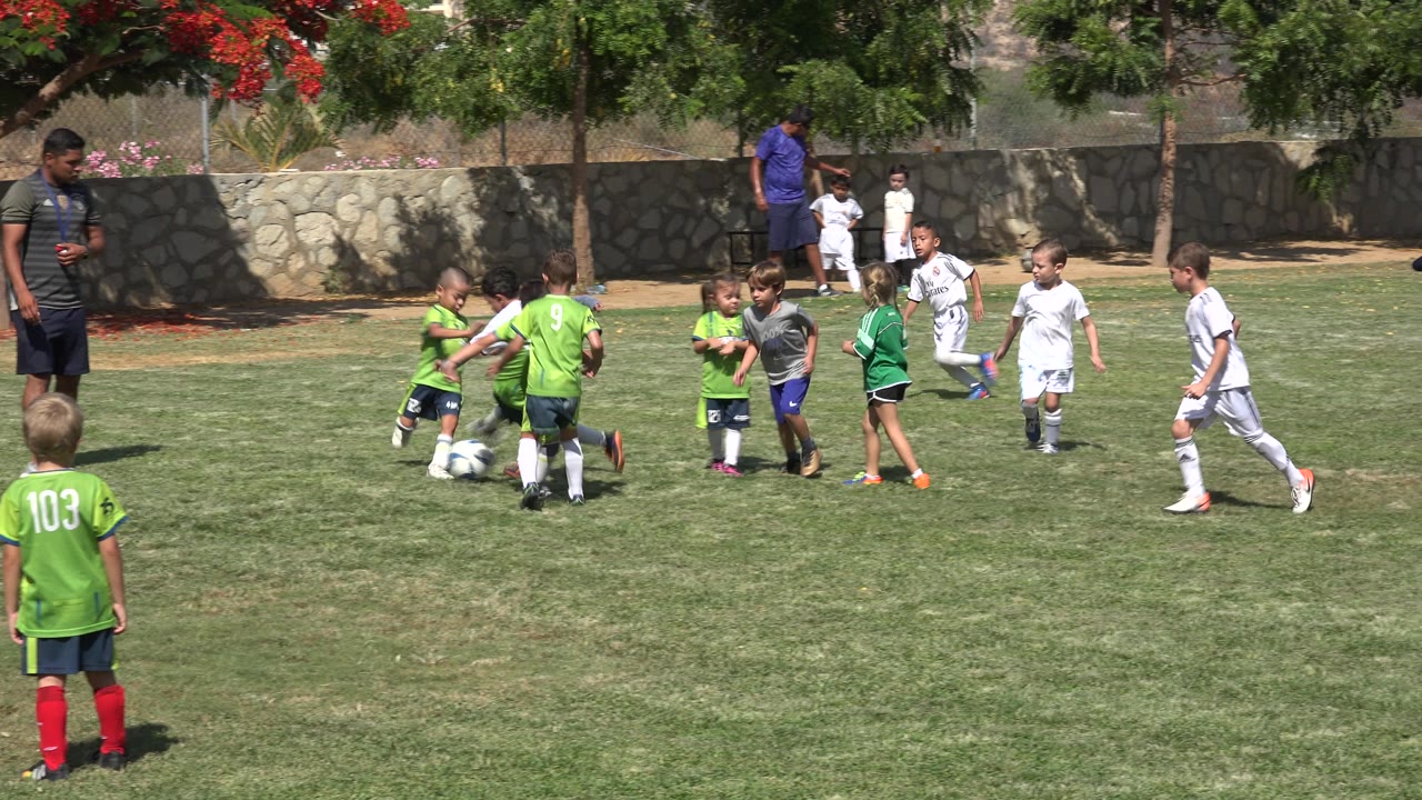 Children gather around a soccer ball on a grass field.