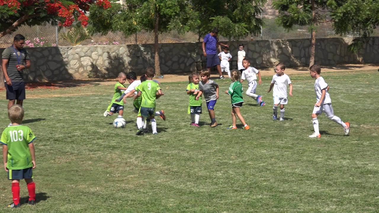 A group of children in mixed soccer uniforms continue around the ball in San Jose del Cabo, Mexico, while a coach stands nearby and a player in a green number 103 jersey faces away in the foreground.