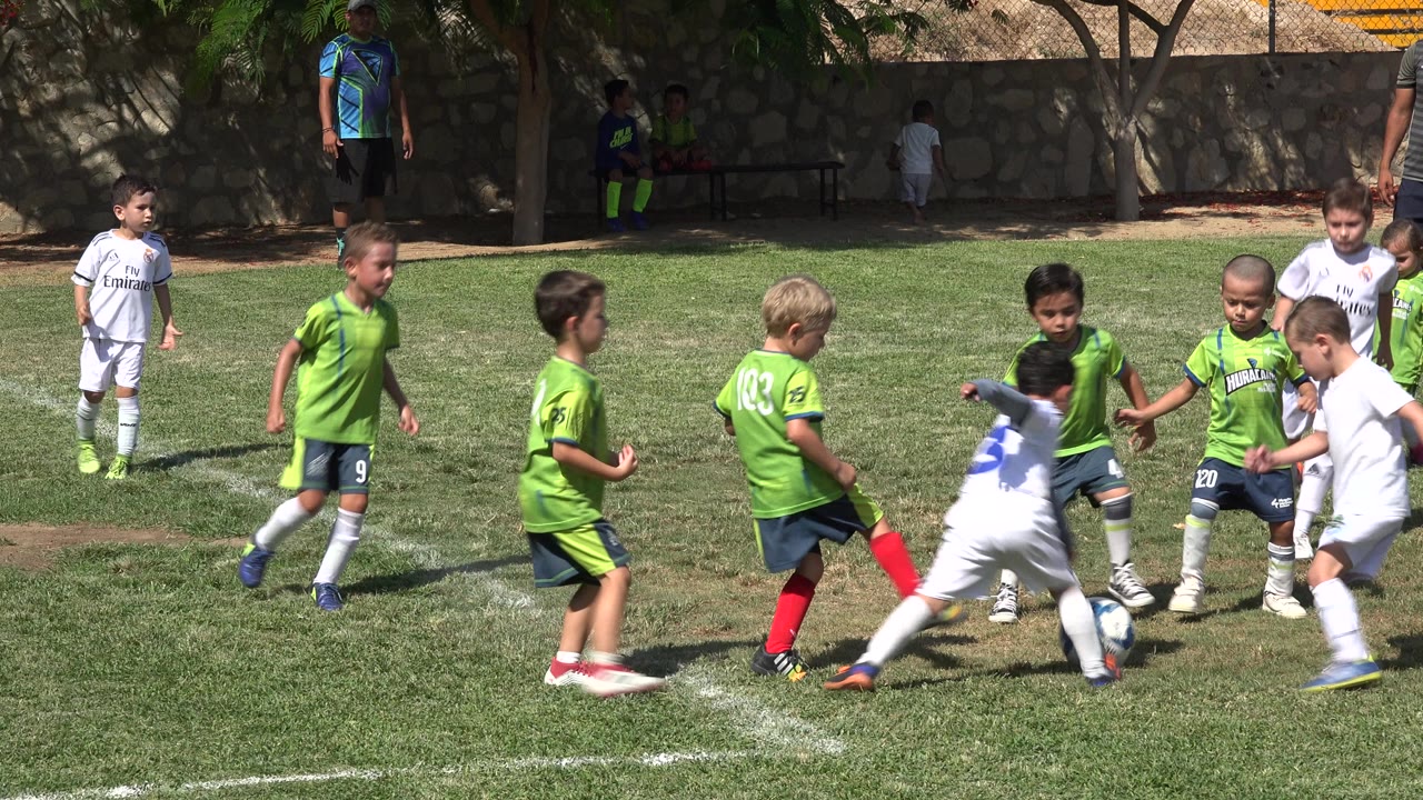 A group of children in green and white soccer kits crowd around the ball on a sunlit field in San Jose del Cabo, Mexico, with a shaded sideline behind them.