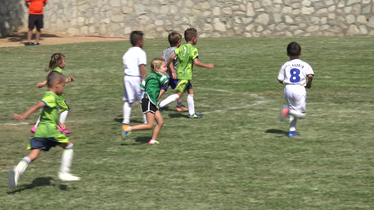 Children in green and white soccer uniforms run across a grass field.