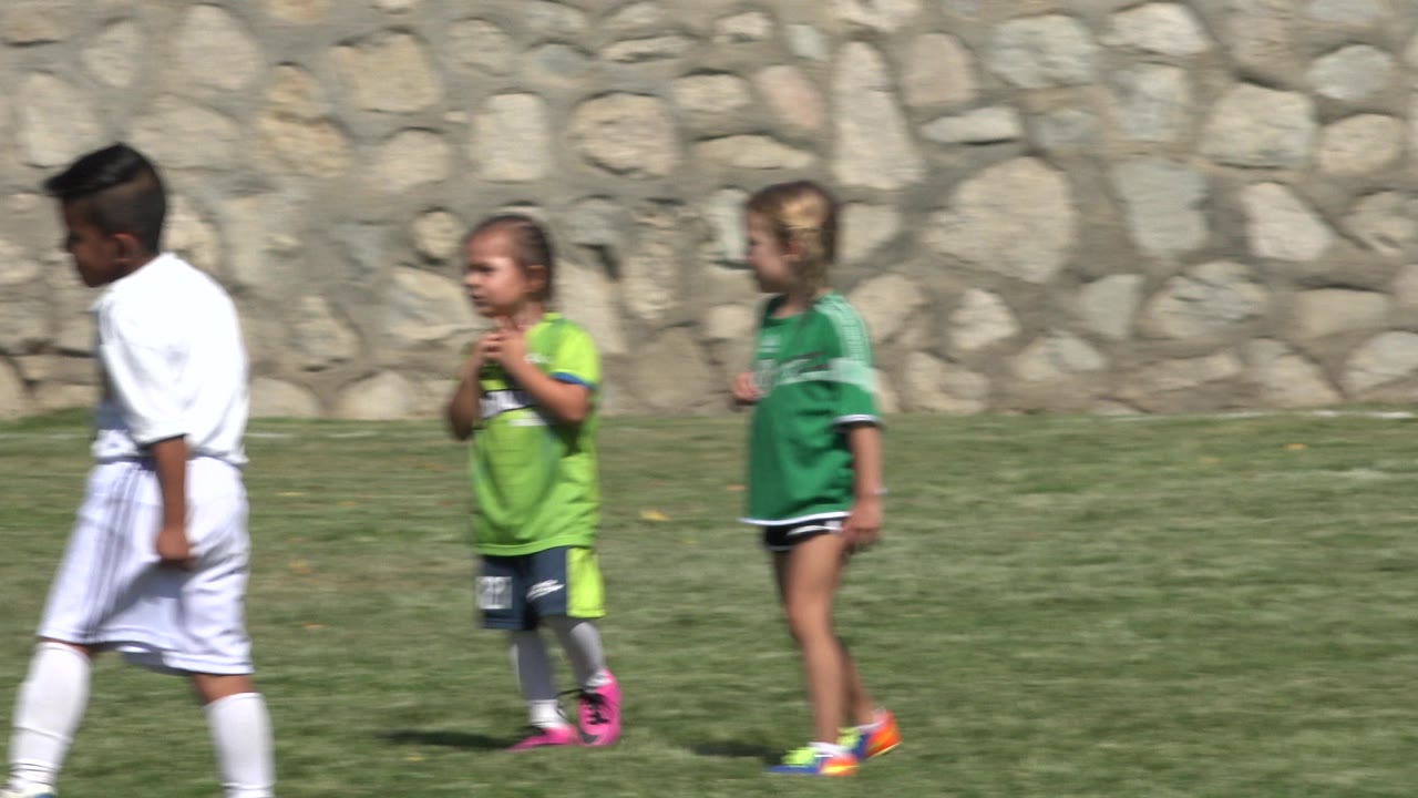 Children in soccer uniforms walking on grass near a stone wall.