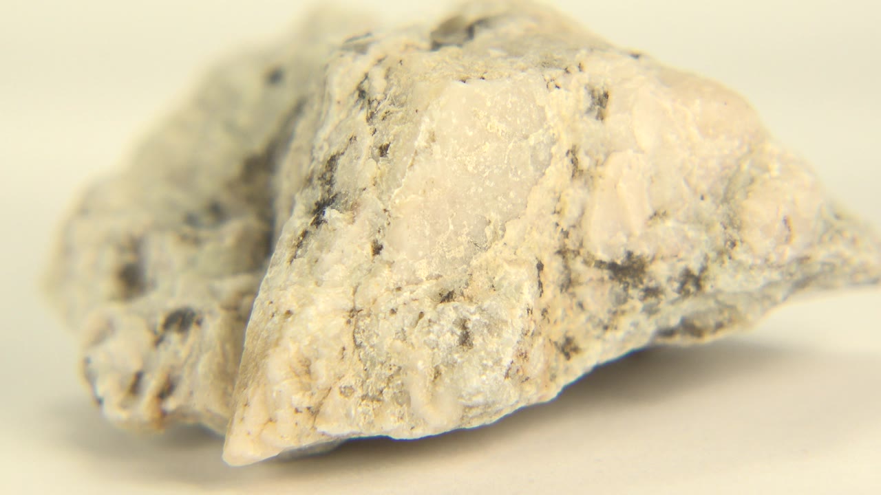 A close view of a white quartz crystal rock with black speckles and a pointed lower edge on a pale indoor surface in Westminster, Colorado, with no visible people.