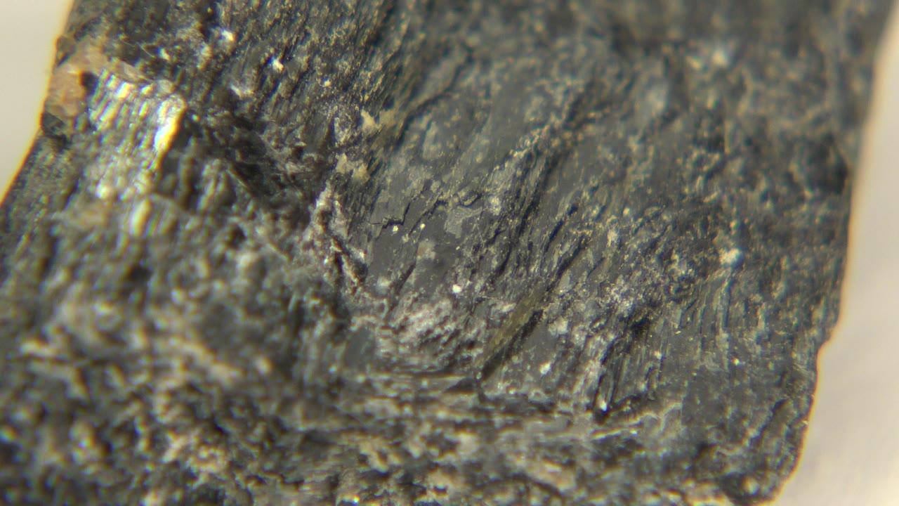 Extreme close-up of a black and brown graphite rock in Westminster, Colorado, with ridged mineral texture filling the frame and no visible people.