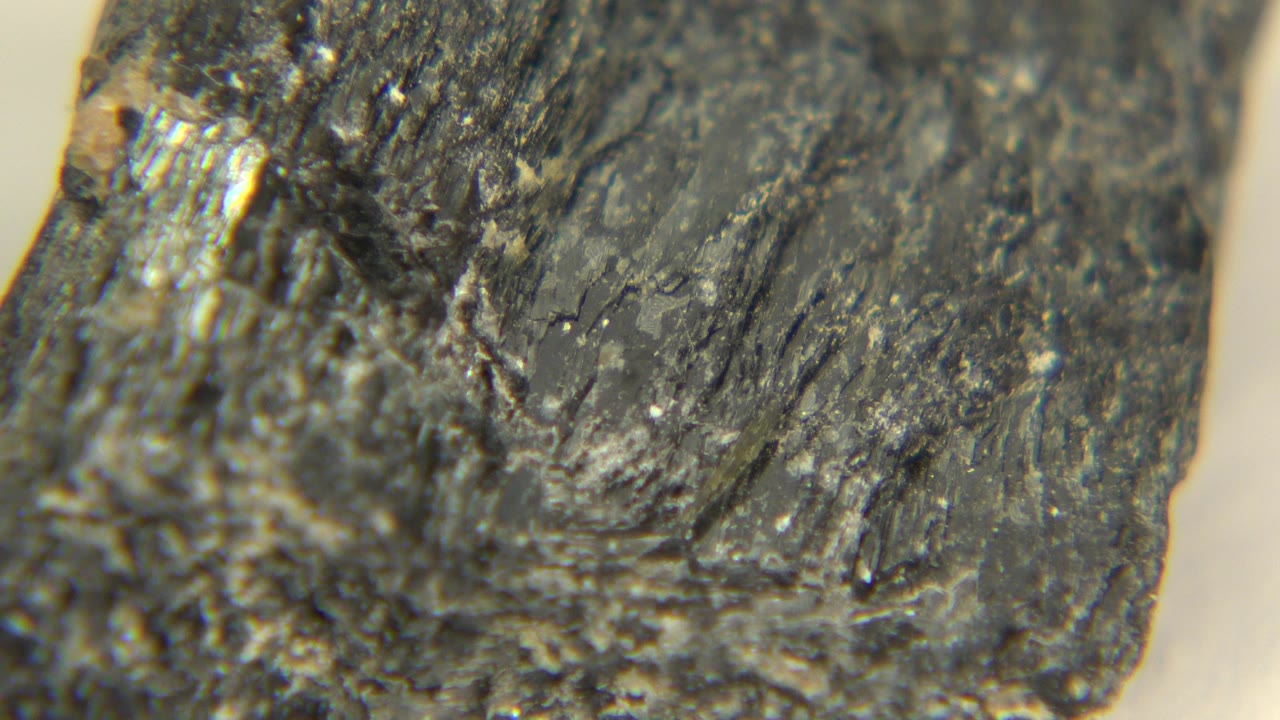 Macro view of the graphite rock in Westminster, Colorado, showing a dark central ridge, small reflective specks, and no visible people.