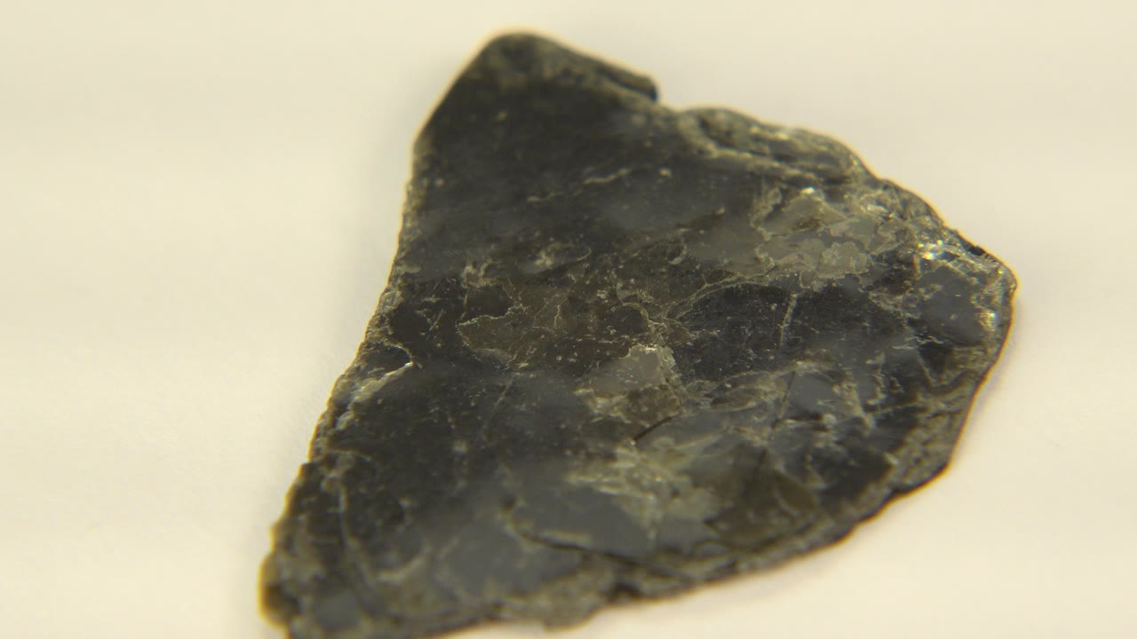 A dark, irregular rock shard rests on a warm white surface in Westminster, Colorado, with no visible people.