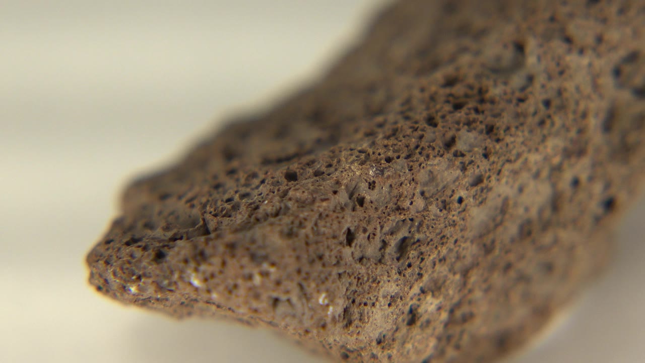 A brown porous stone lies close to the camera on a pale surface in Westminster, Colorado, with the front edge soft and no visible people.