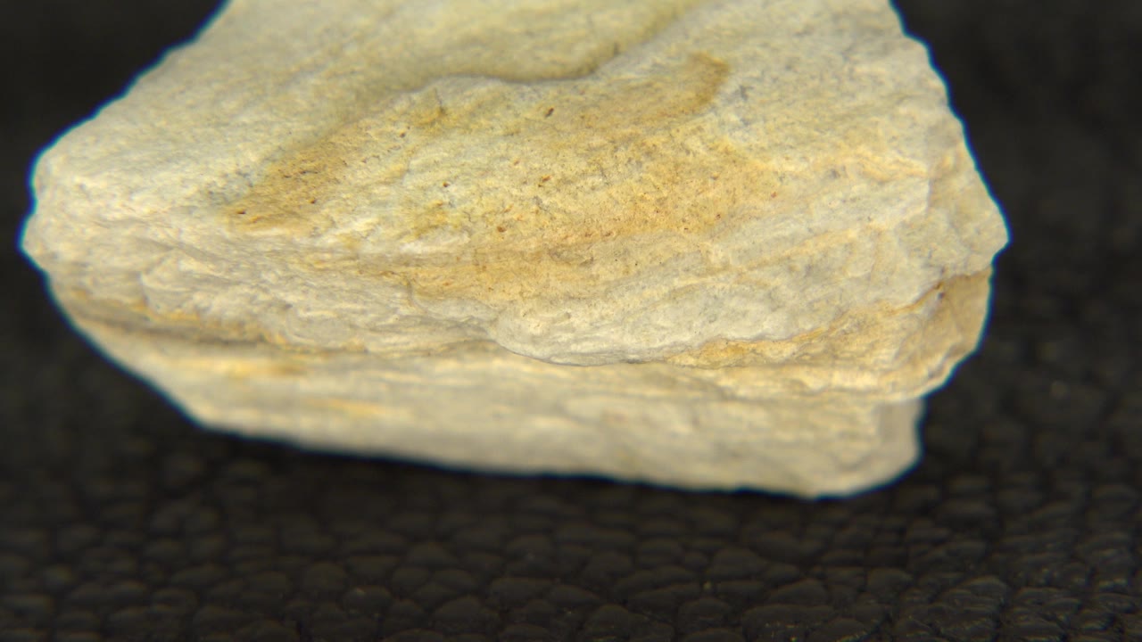 Close view of a pale yellow-gray layered rock on a dark textured surface in the Westminster, Colorado 2015 clip, with no visible people.