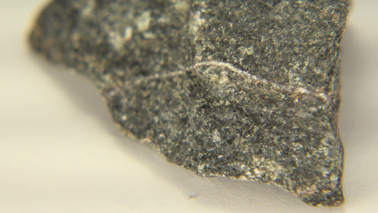 Close view of a dark rough rock on a white floor in Westminster, Colorado, with a pointed lower edge and no visible people.