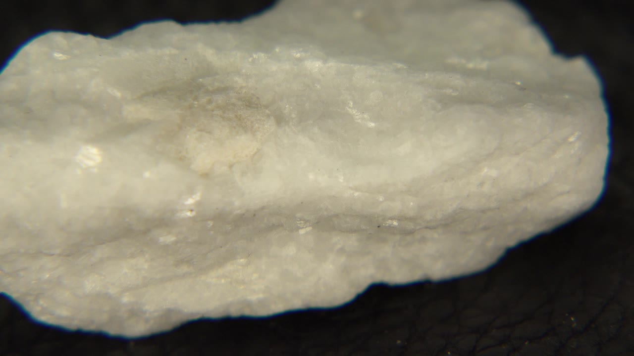 A milky white rock with glittering inclusions lies horizontally on a dark pedestal in Westminster, Colorado, with no visible people.