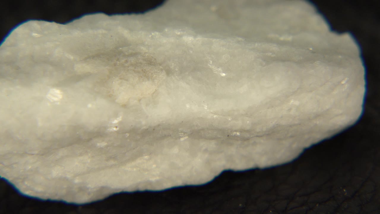The white mineral rock remains in close-up on the dark pedestal in Westminster, Colorado, with a slightly shifted side view and no visible people.