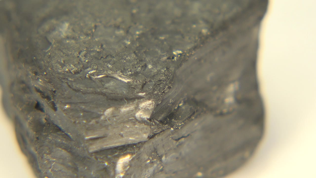 Close-up of a dark gray speckled rock on a pale tabletop in Westminster, Colorado, with no visible people.