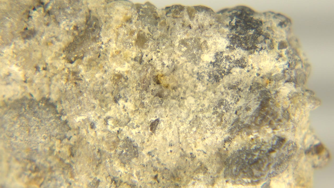 At 0:00, a rough yellow-gray rock surface fills the frame in Westminster, Colorado, with a soft pale floor or background behind it and no visible people.